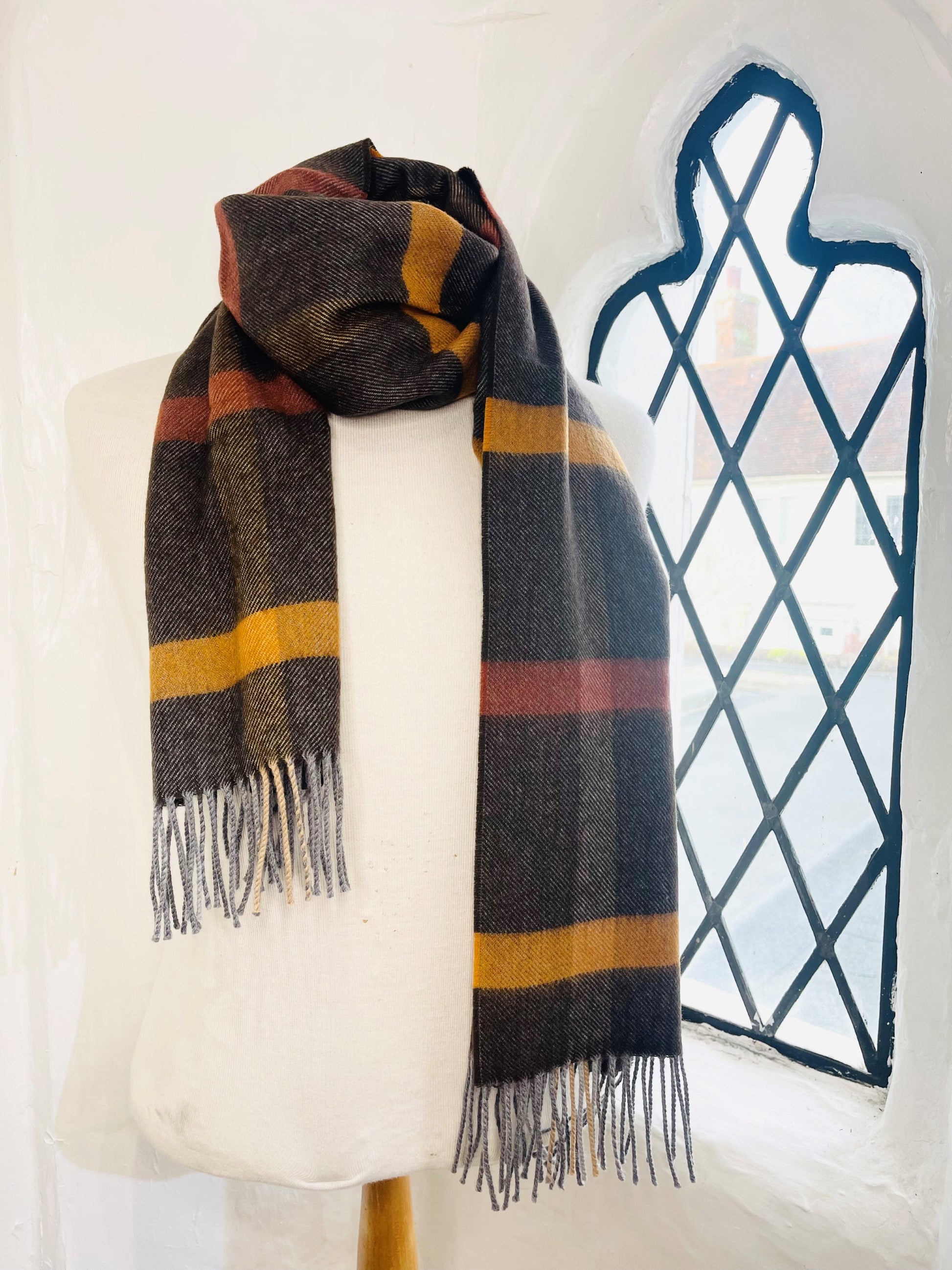 BROWN & ORANGE CHECK WOOL SCARF