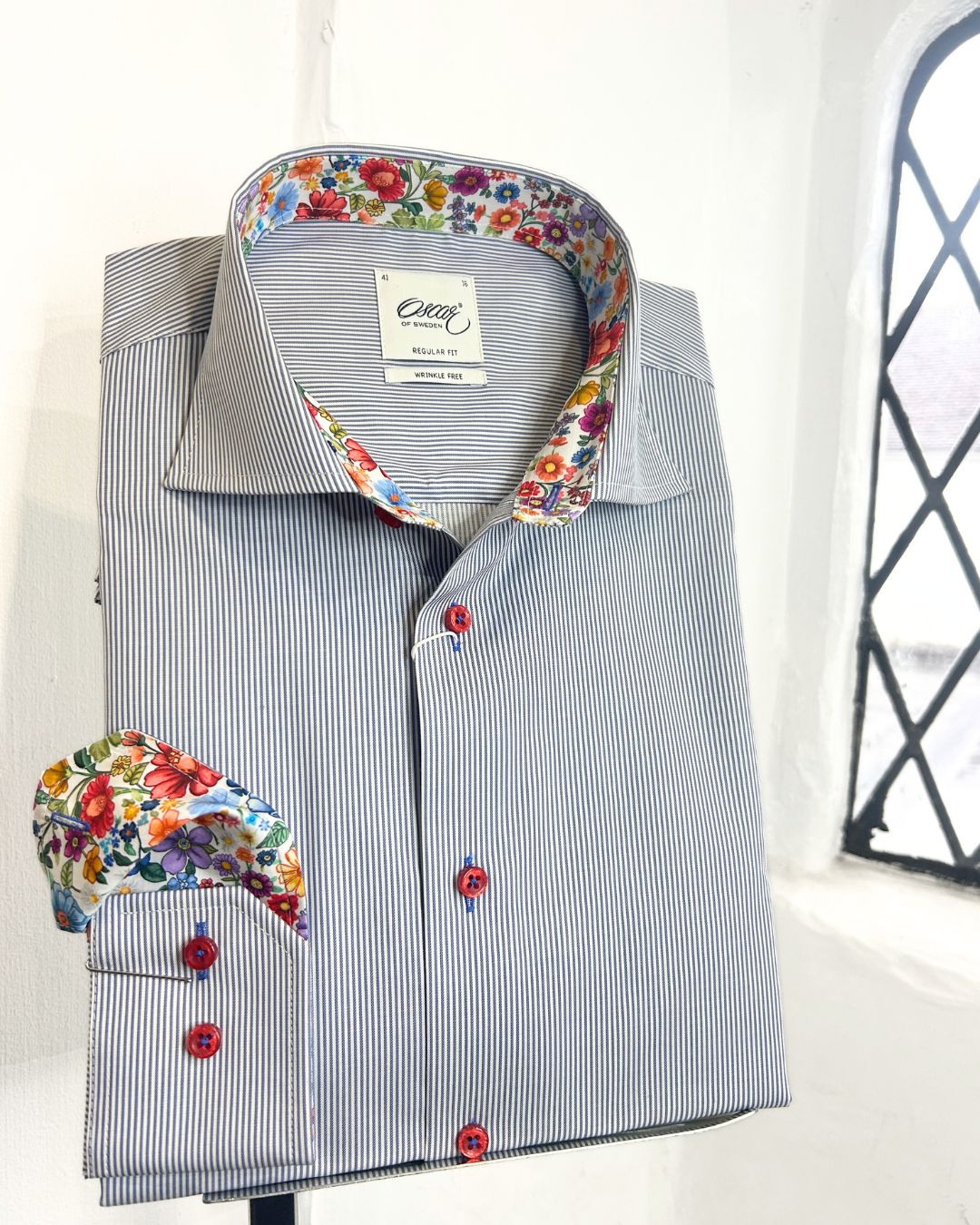 NAVY BLUE THIN STRIPE LONG SLEEVE SHIRT WITH FLORAL TRIM