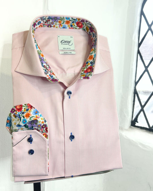 ROSE THIN STRIPE LONG SLEEVE SHIRT WITH FLORAL TRIM