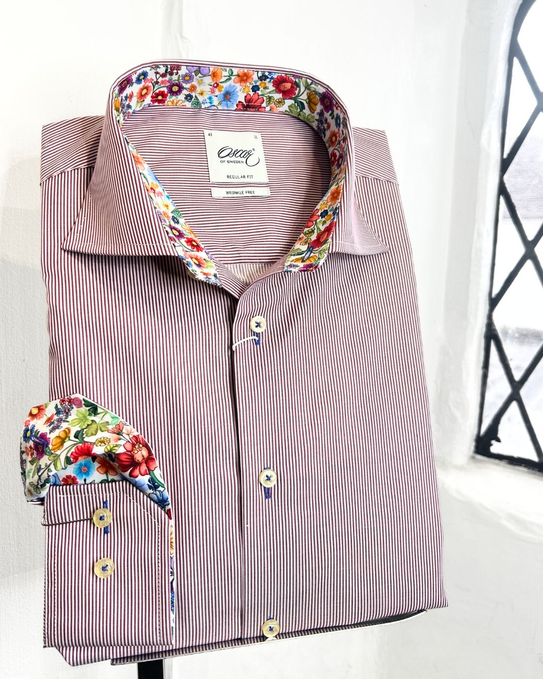 CHINESE THIN STRIPE LONG SLEEVE SHIRT WITH FLORAL TRIM