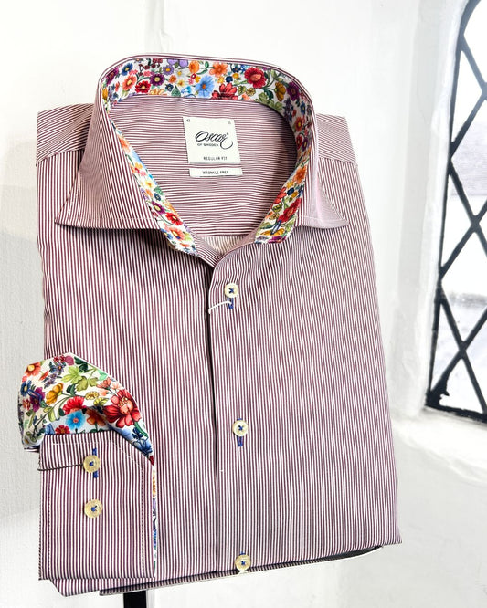 CHINESE THIN STRIPE LONG SLEEVE SHIRT WITH FLORAL TRIM