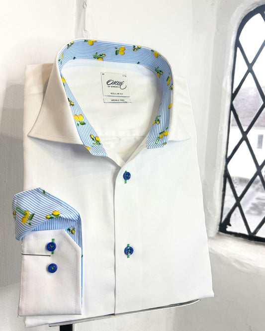 WHITE LONG SLEEVE SHIRT WITH LEMON PRINT TRIM