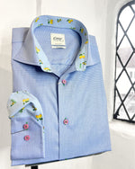 MID BLUE LONG SLEEVE SHIRT WITH LEMON PRINT TRIM