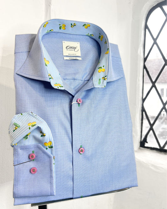MID BLUE LONG SLEEVE SHIRT WITH LEMON PRINT TRIM