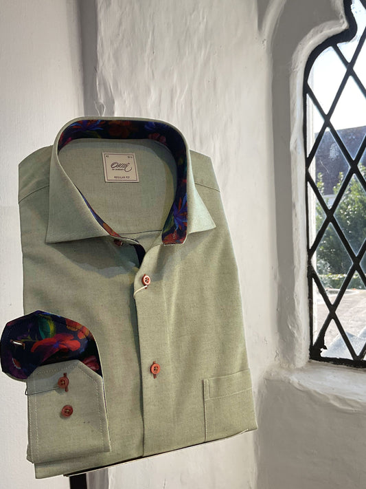 LODEN GREEN PLAIN LONG SLEEVE SHIRT WITH FLORAL TRIM