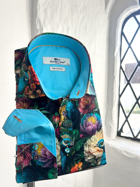 PEACOCK & FLORAL PRINT AQUA BLUE LONG SLEEVE SHIRT