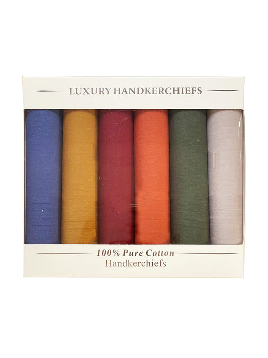MULTI COLOURED PLAIN DYED HANDKERCHIEFS BOX OF SIX