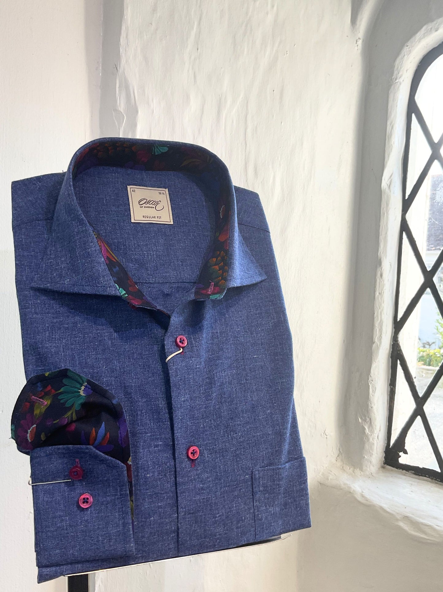 INDIGO PLAIN LONG SLEEVE SHIRT WITH FLORAL TRIM