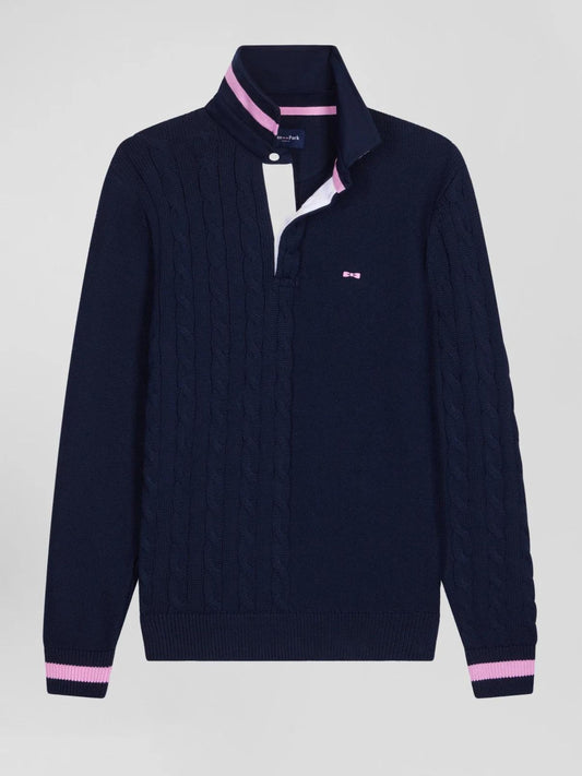 BUTTON NECK CABLE KNIT NAVY COTTON JUMPER