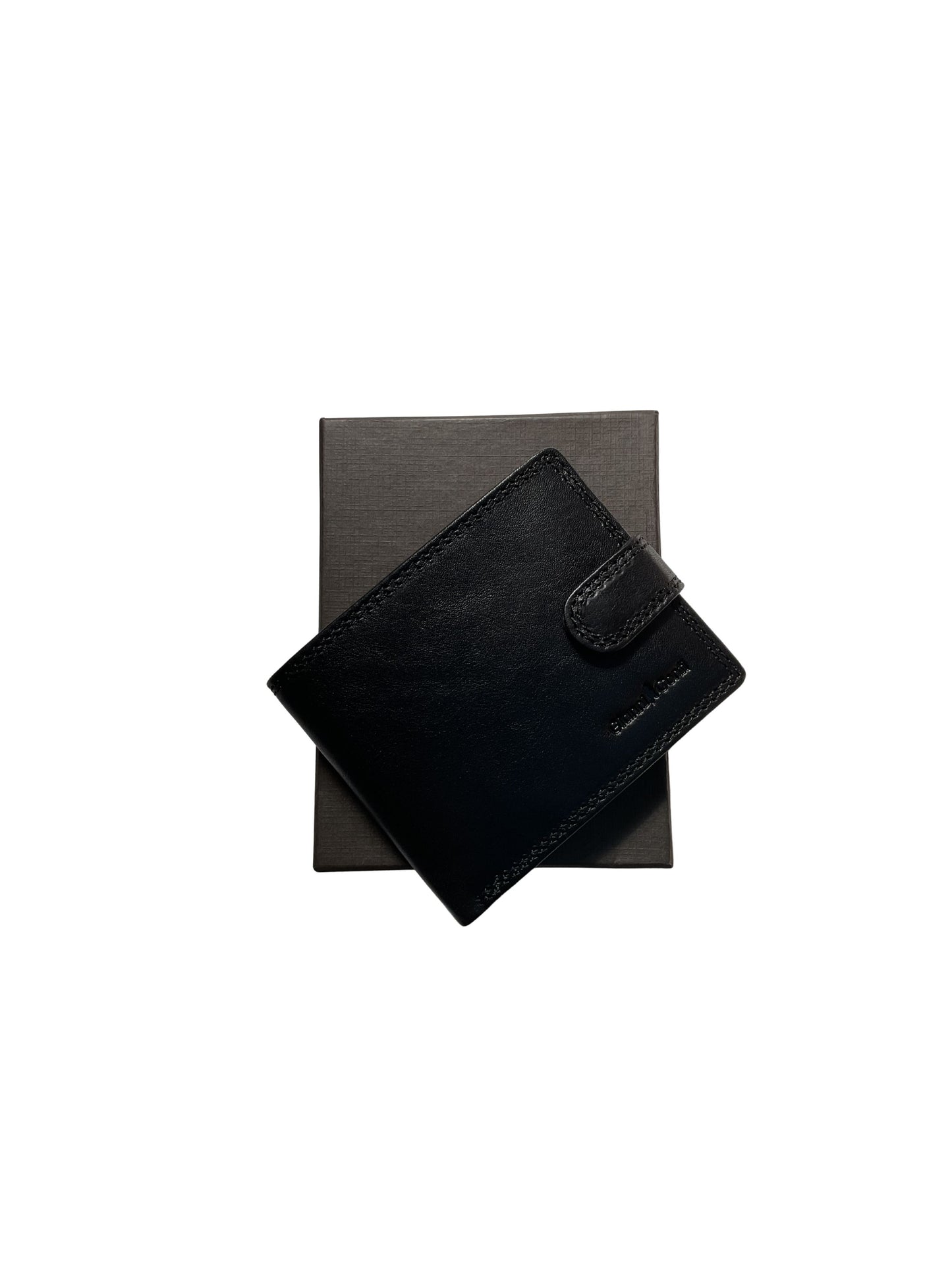 BLACK LEATHER WALLET WITH TAB CLOSURE