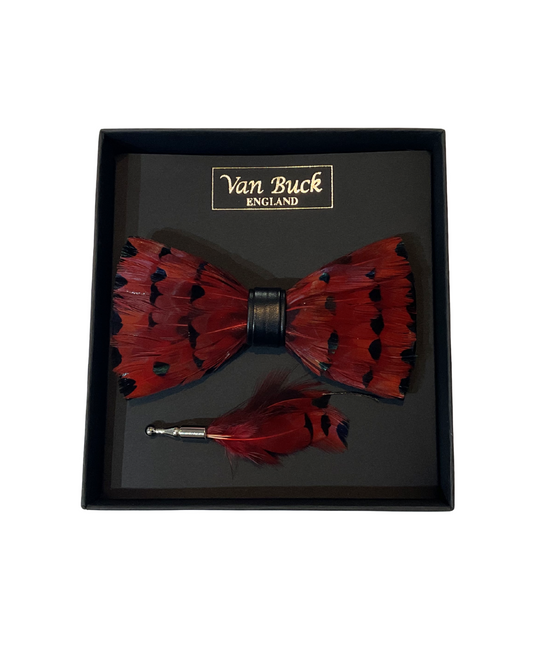 DEEP RED FEATHER BOW TIE & LAPEL PIN SET