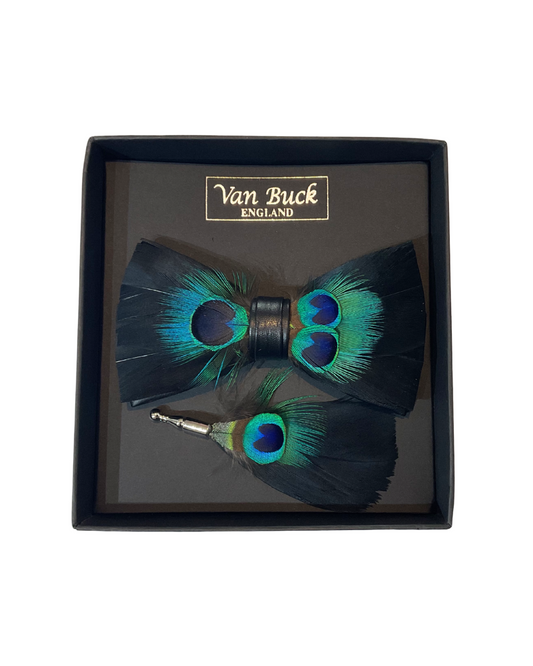 BLACK PEACOCK FEATHER BOW TIE & LAPEL PIN SET