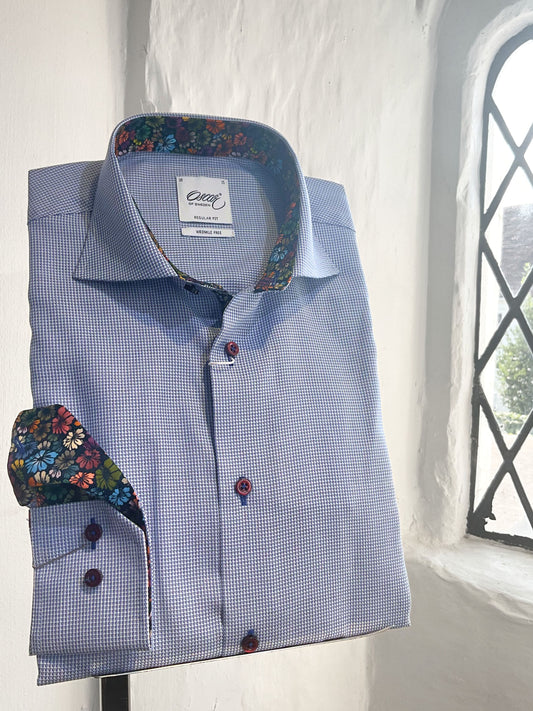 DARK BLUE MICRO CHECK LONG SLEEVE SHIRT WITH FLORAL INSERT AND BURGUNDY BUTTONS