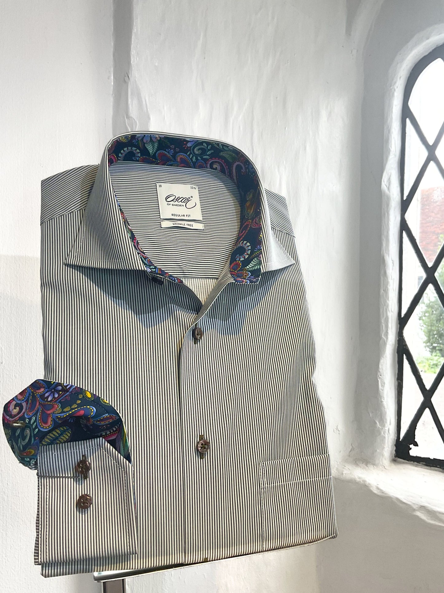 DARK GREEN STRIPE LONG SLEEVE SHIRT WITH NAVY PAISLEY INSERT