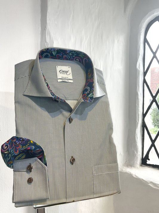 DARK GREEN STRIPE LONG SLEEVE SHIRT WITH NAVY PAISLEY INSERT