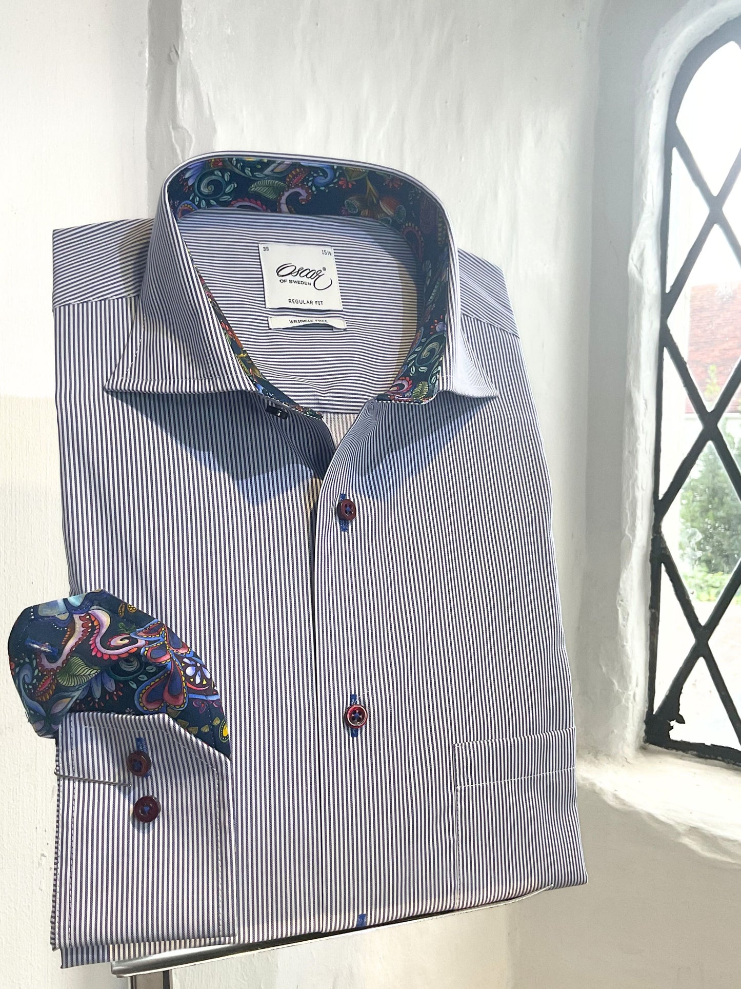 INDIGO BLUE STRIPE LONG SLEEVE SHIRT WITH PAISLEY INSERT AND BURGUNDY BUTTONS