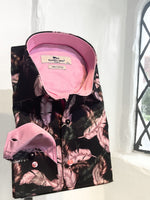 BLACK WITH PINK FEATHER PRINT LONG SLEEVE SHIRT