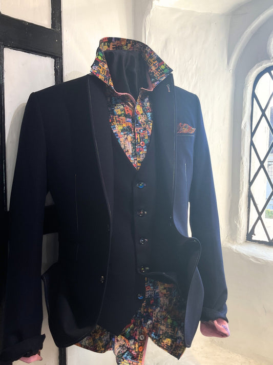 NAVY SPORTS JACKET WITH RAINBOW TRIM AND SPLASH PRINT LINING