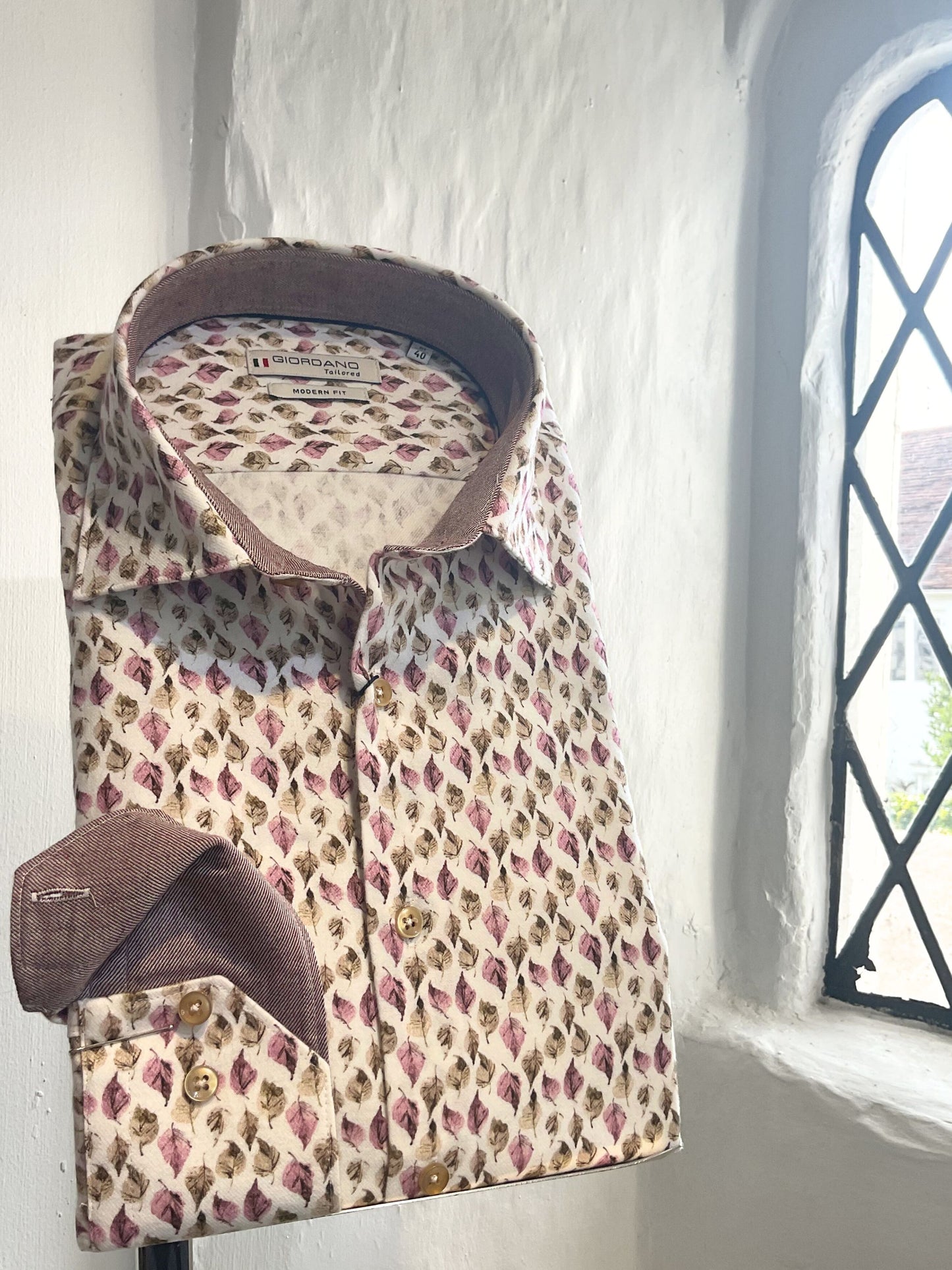 PINK AND BROWN LEAF PRINT LONG SLEEVE SHIRT