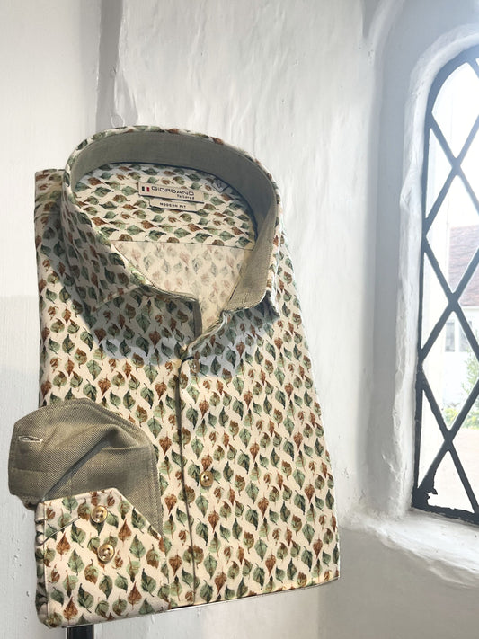 GREEN AND BROWN LEAF PRINT LONG SLEEVE SHIRT