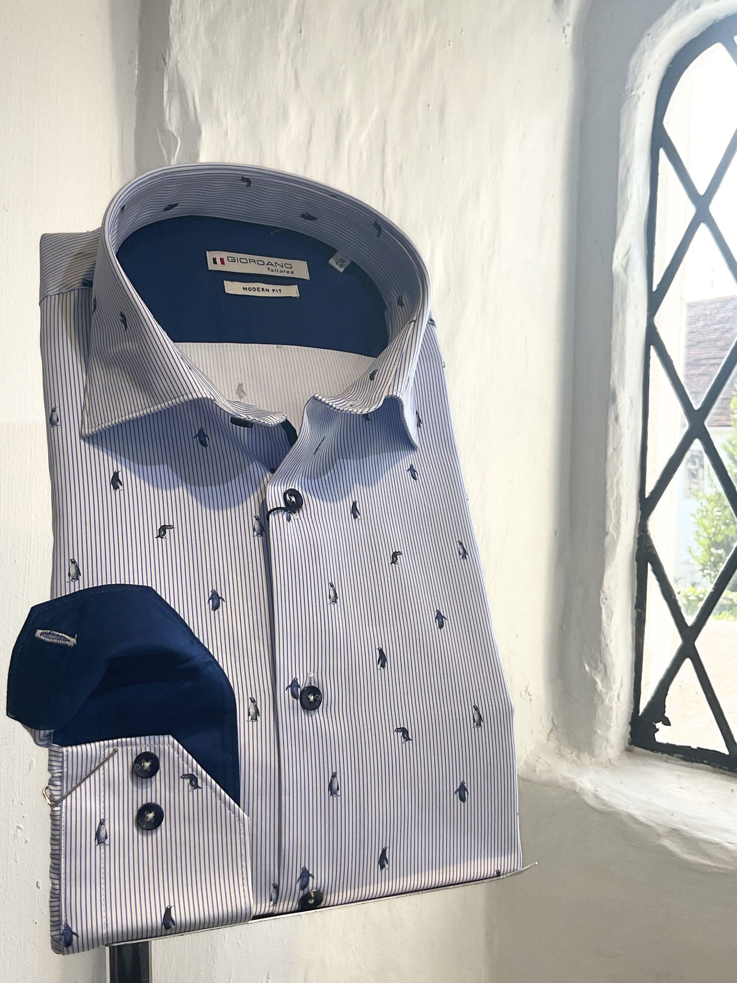 BLUE THIN STRIPE WITH PENGUIN PRINT LONG SLEEVE SHIRT