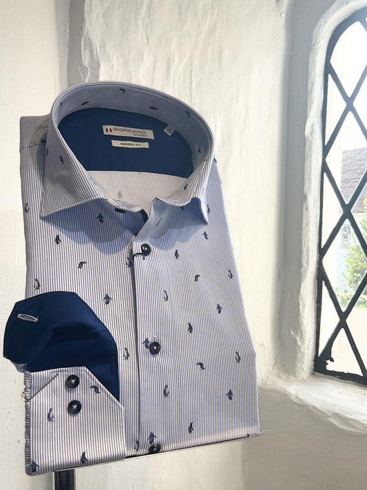 BLUE THIN STRIPE WITH PENGUIN PRINT LONG SLEEVE SHIRT