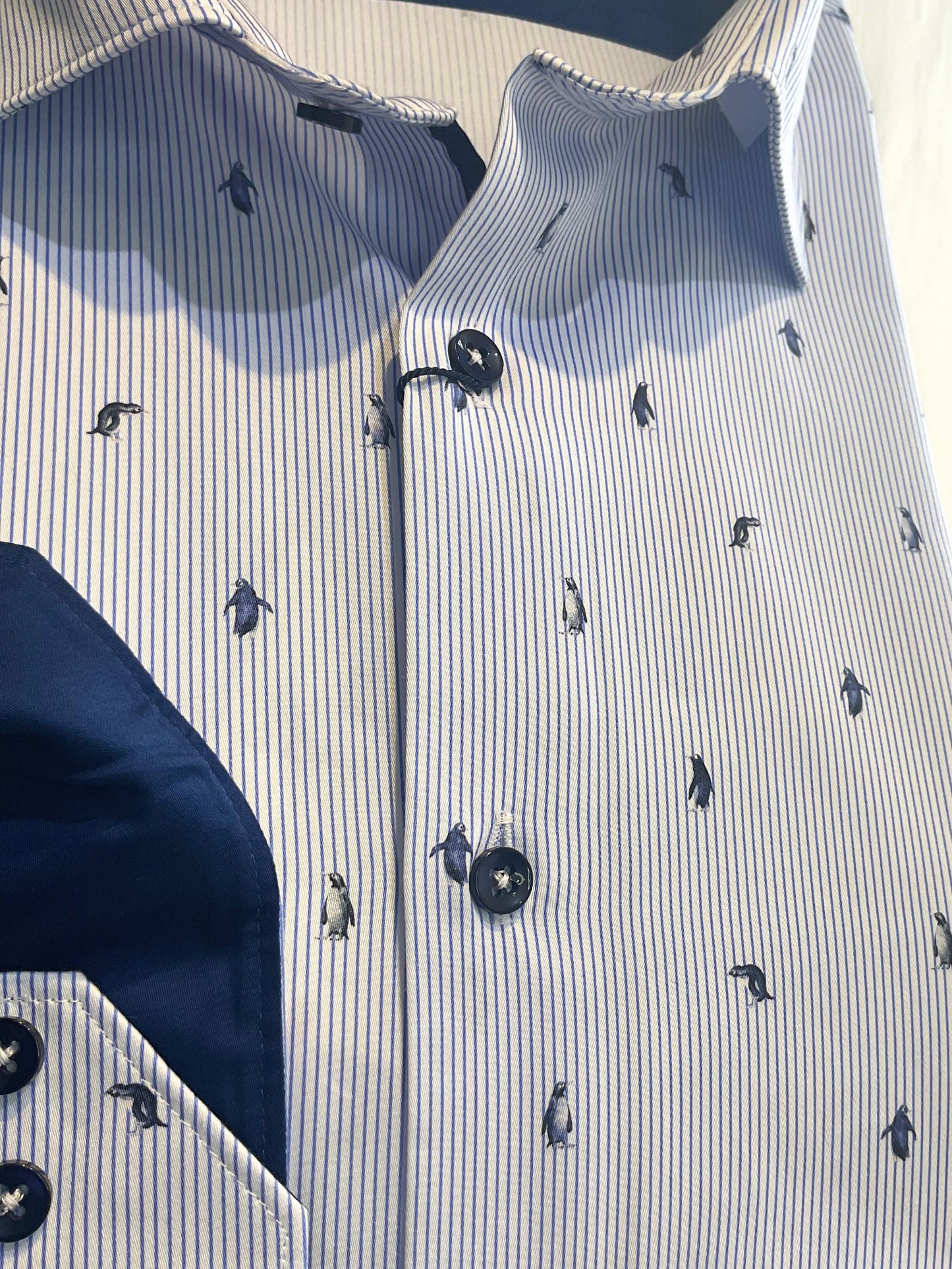 BLUE THIN STRIPE WITH PENGUIN PRINT LONG SLEEVE SHIRT