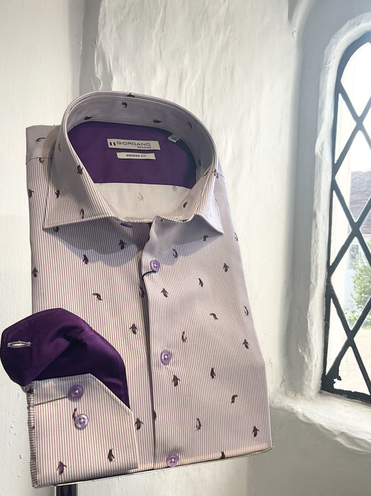 PURPLE THIN STRIPE WITH PENGUIN PRINT LONG SLEEVE SHIRT