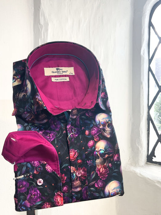 PURPLE SKULLS AND FLOWERS LONG SLEEVE SHIRT