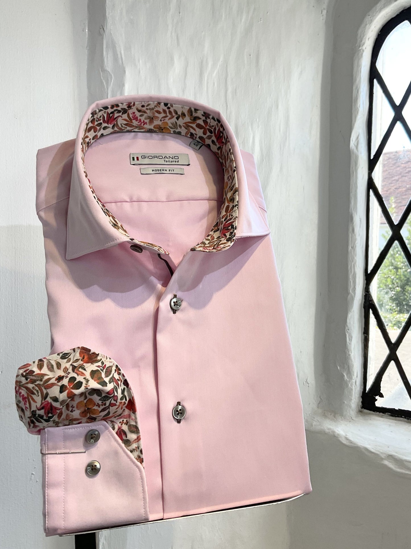 PLAIN PINK LONG SLEEVE SHIRT WITH FLORAL INSERT