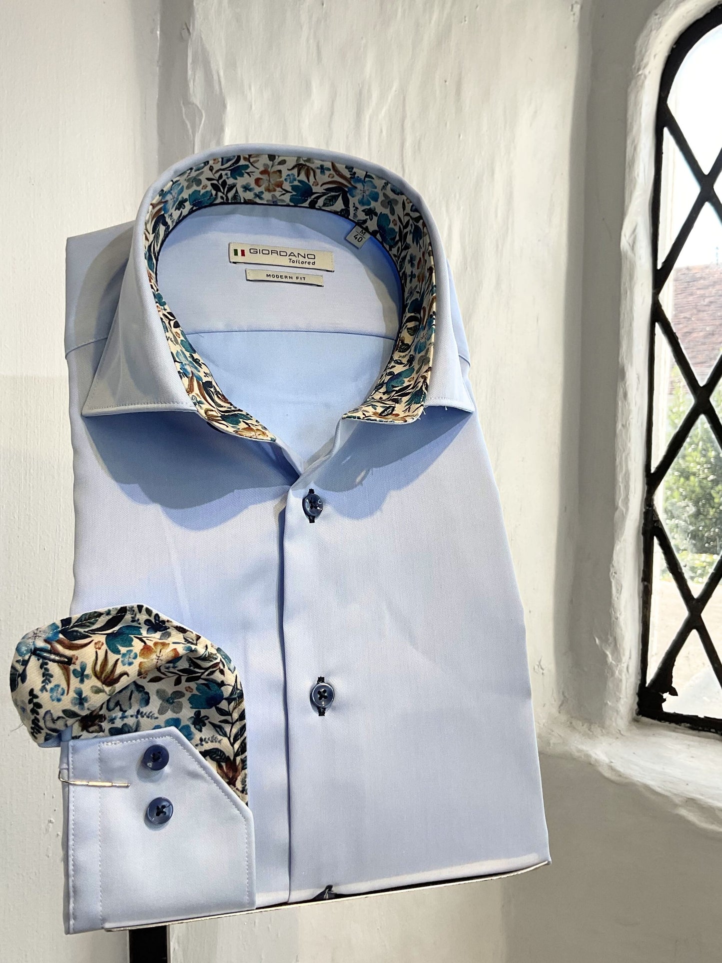 PLAIN MID BLUE LONG SLEEVE SHIRT WITH FLORAL INSERT