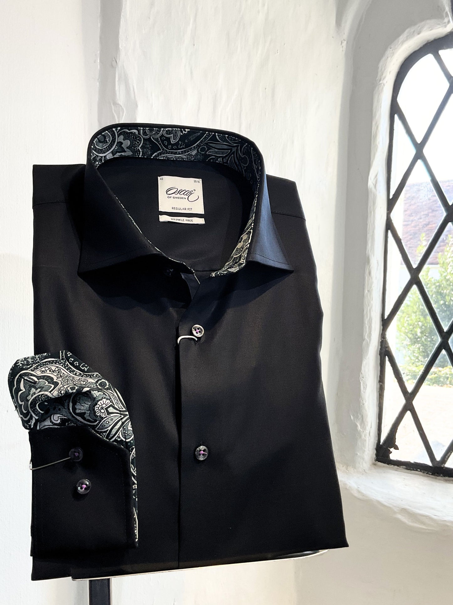 PLAIN BLACK LONG SLEEVE BUSINESS SHIRT WITH BLACK FLORAL TRIM