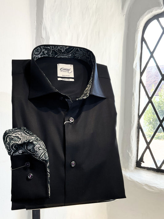 PLAIN BLACK LONG SLEEVE BUSINESS SHIRT WITH BLACK FLORAL TRIM