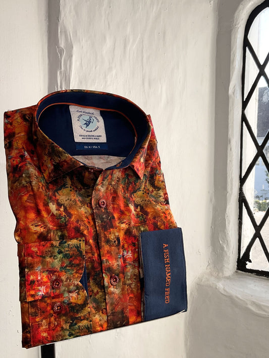 MUSICAL MESS PRINT BURNT ORANGE LONG SLEEVE SHIRT