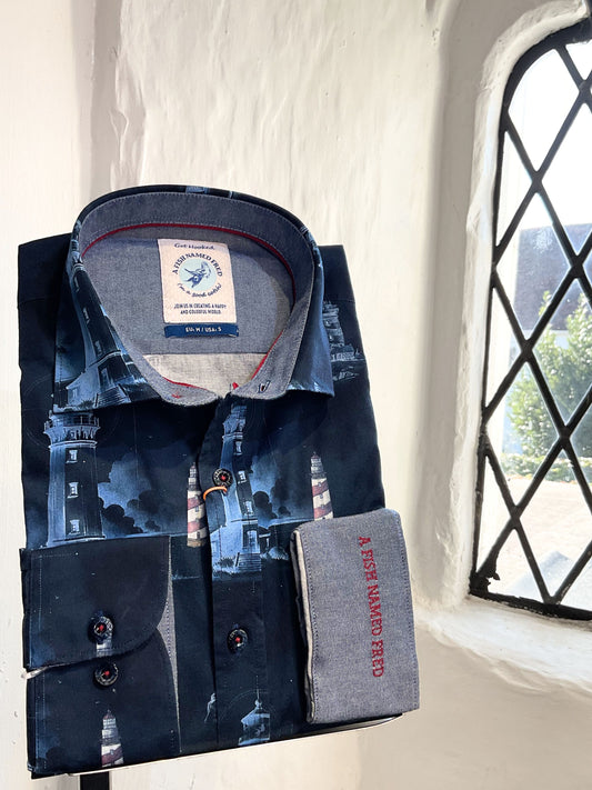 LIGHTHOUSE PRINT NAVY LONG SLEEVE SHIRT