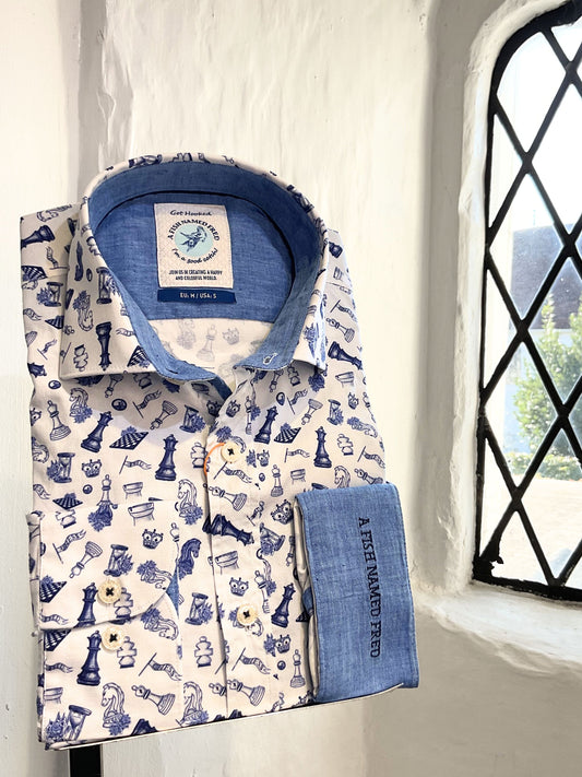 CHESS PRINT OFF WHITE LONG SLEEVE SHIRT