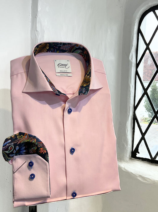 CRYSTAL PINK PLAIN LONG SLEEVE SHIRT WITH BLUE FLORAL INSERT AND BLUE BUTTONS