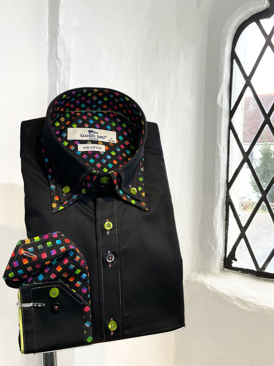 BLACK PLAIN LONG SLEEVE SHIRT WITH MULTI COLOUR TRIM AND DIAMOND PRINT INSERT
