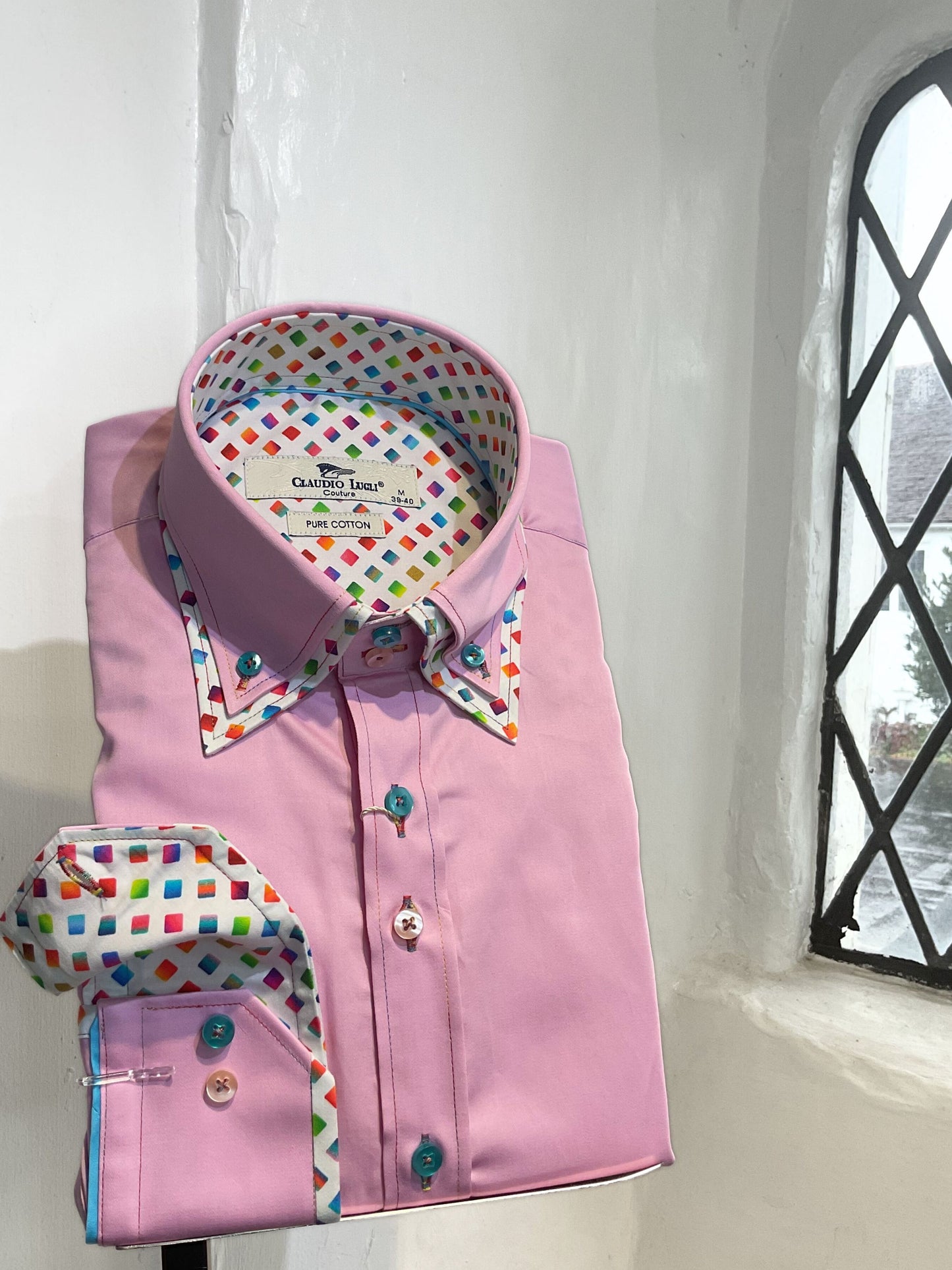 PINK PLAIN LONG SLEEVE SHIRT WITH MULTI COLOUR TRIM AND DIAMOND PRINT INSERT