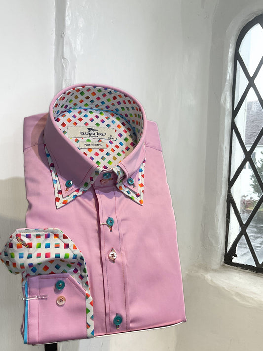 PINK PLAIN LONG SLEEVE SHIRT WITH MULTI COLOUR TRIM AND DIAMOND PRINT INSERT