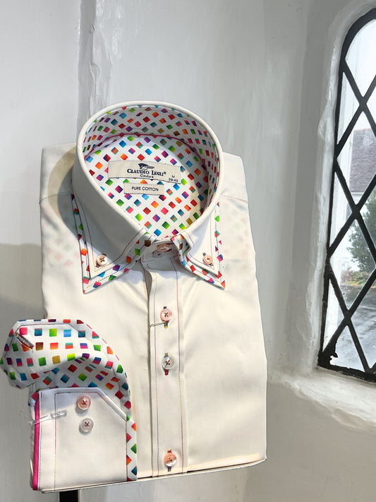 WHITE PLAIN LONG SLEEVE SHIRT WITH MULTI COLOUR TRIM AND DIAMOND PRINT INSERT