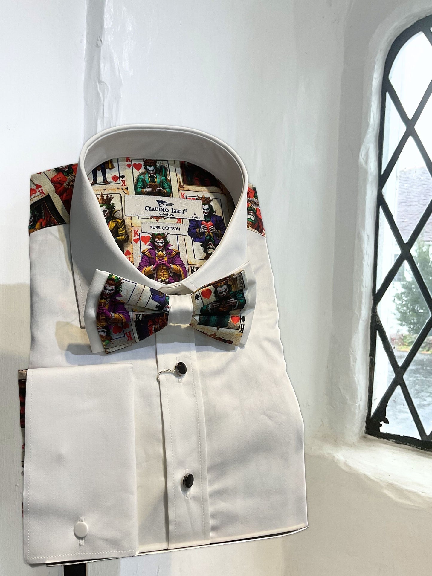 JOKER PRINT WHITE TUXEDO LONG SLEEVE SHIRT