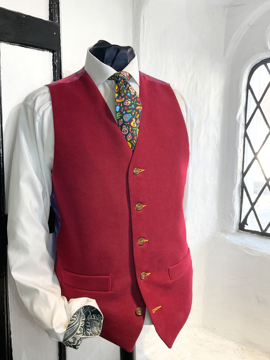 MAROON MOLESKIN WAISTCOAT WITH PAISLEY PRINT LINING