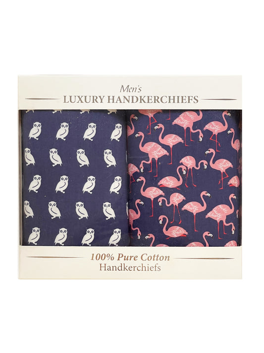 OWL AND FLAMINGO PRINT HANDKERCHIEFS BOX OF TWO