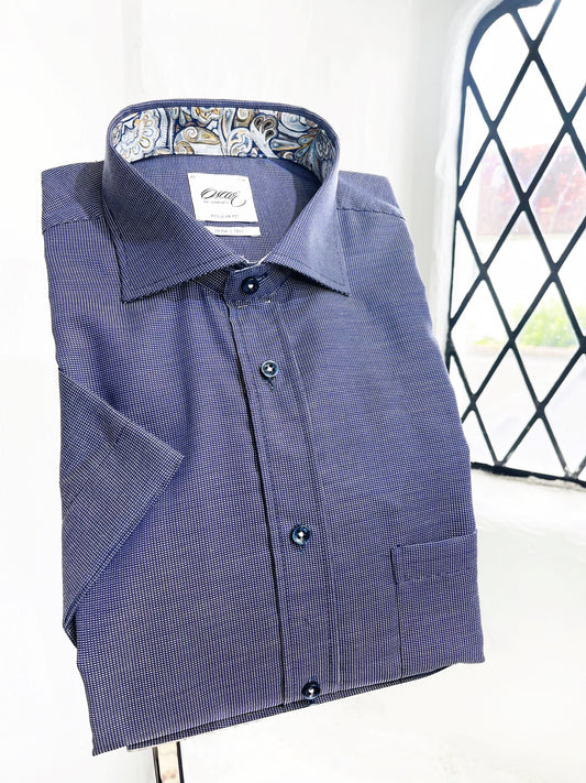 INDIGO SHORT SLEEVE SHIRT WITH SWIRLS TRIM