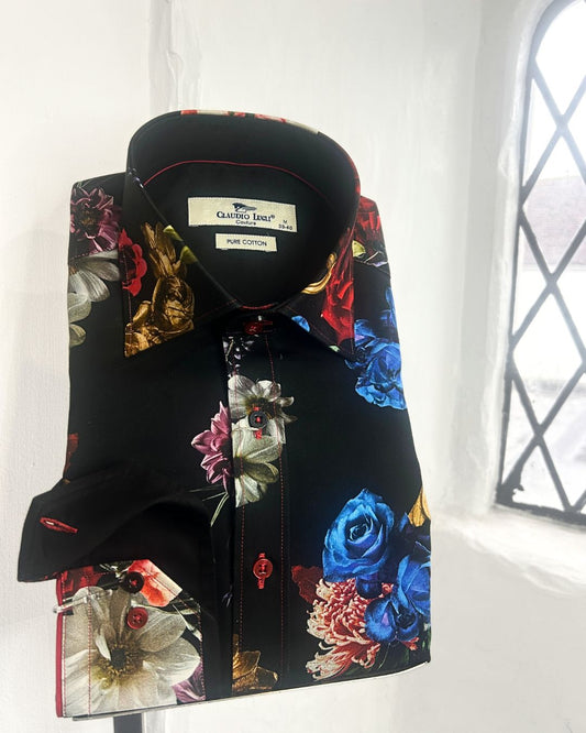 BLACK WITH VIBRANT MULTI FLORAL LONG SLEEVE SHIRT