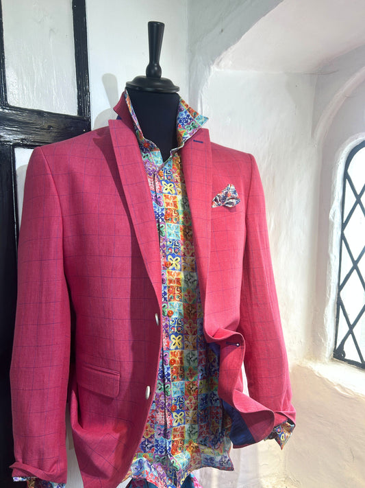 JACKY RASPBERRY AND BLUE OVERCHECK LINEN JACKET