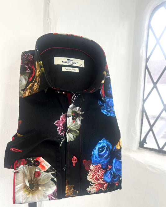 BLACK WITH VIBRANT MULTI FLORAL LONG SLEEVE SHIRT
