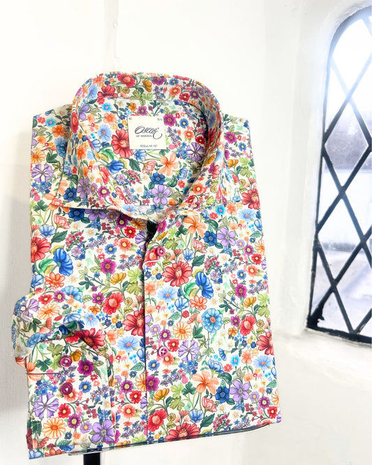 MULTI FLORAL LONG SLEEVE SHIRT WITH MATCHING TRIM