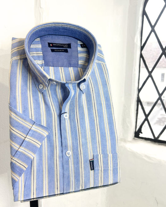 LEAGUE BLUE SHORT SLEEVE LINEN MIX SHIRT WITH NEUTRAL STRIPE
